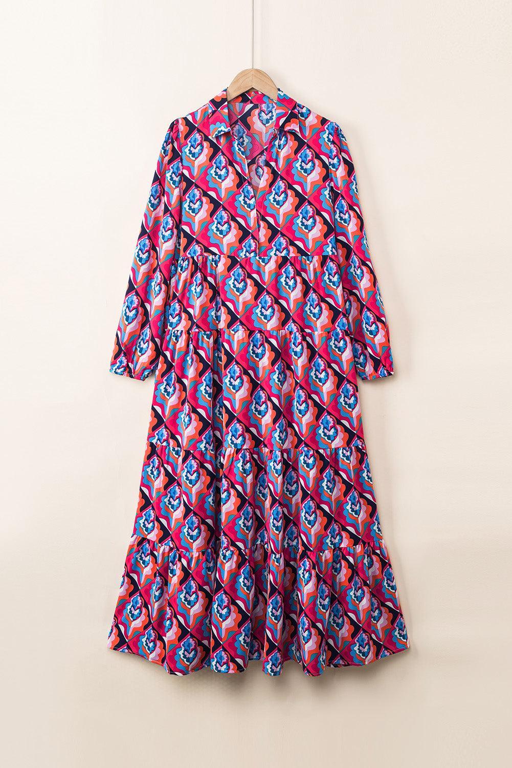 Geometrische Print Jurk met Lange Mouwen - Maxi Dresses - Jurkjes.co