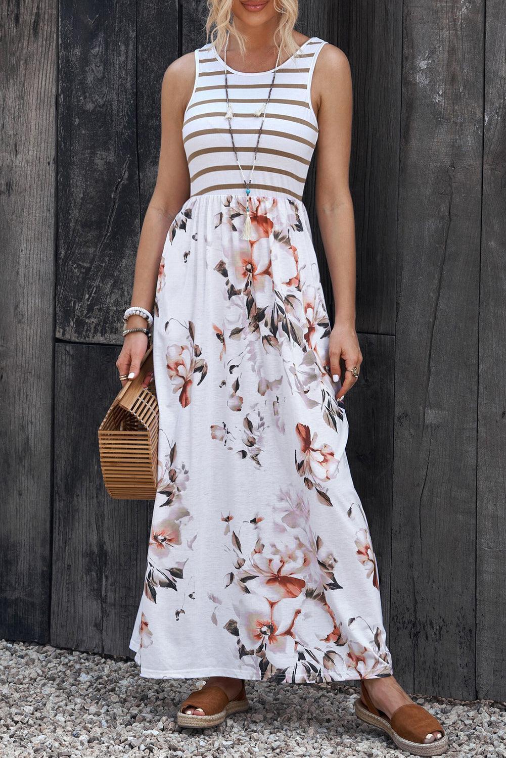 Gestreepte Bloemen Maxi-Jurk met Zak - Maxi Dresses - Jurkjes.co