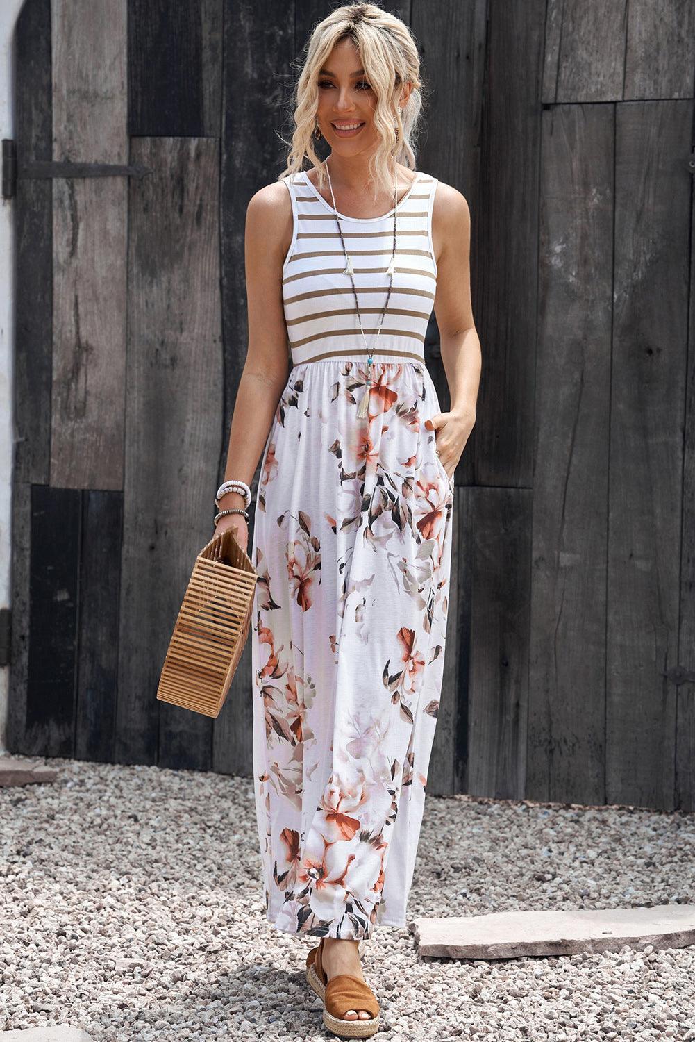 Gestreepte Bloemen Maxi-Jurk met Zak - Maxi Dresses - Jurkjes.co