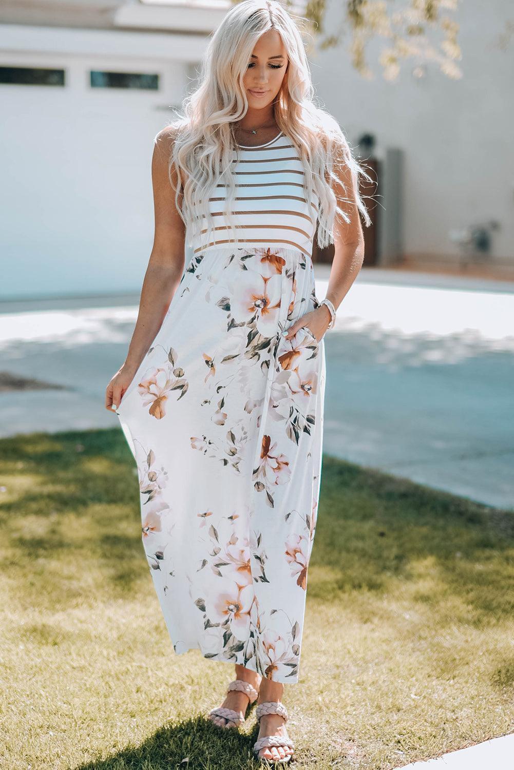Gestreepte Bloemen Maxi-Jurk met Zak - Maxi Dresses - Jurkjes.co