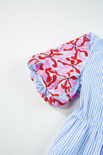 Gestreepte Bloemenprint Jurk met Ruches - Mini Dresses - Jurkjes.co