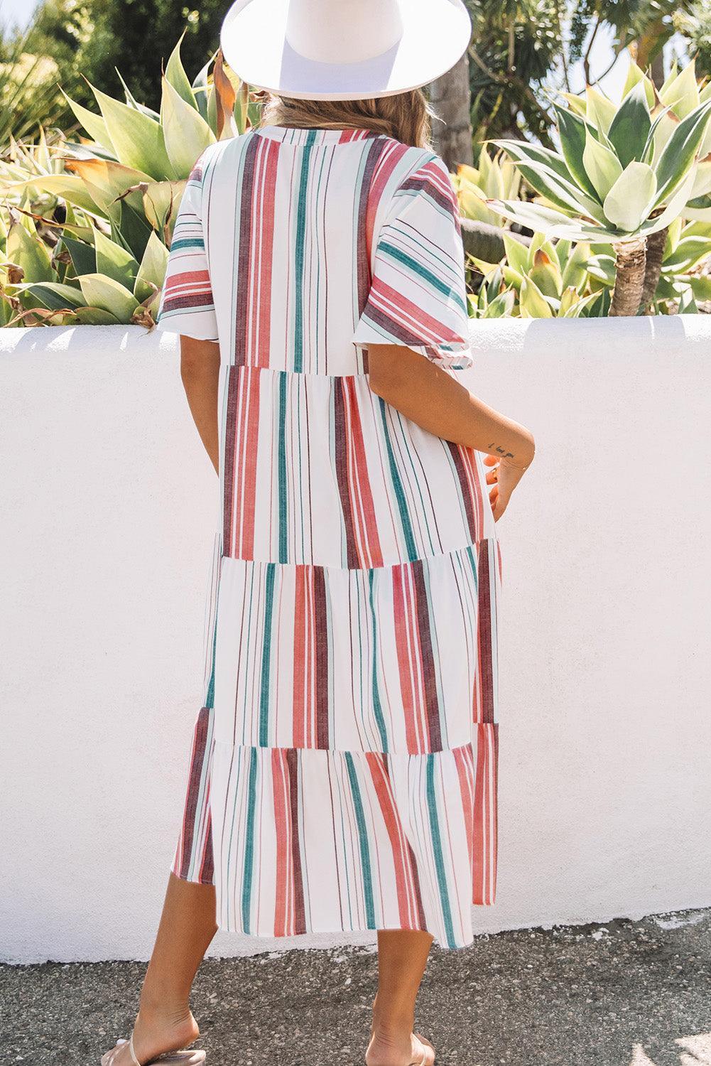 Gestreepte Serape Jurk met V-Hals en Knopen - Maxi Dresses - Jurkjes.co