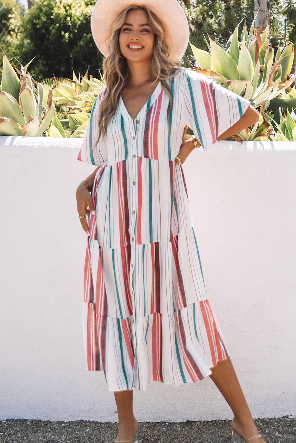 Gestreepte Serape Jurk met V-Hals en Knopen - Maxi Dresses - Jurkjes.co