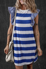 Gestreepte T-shirt Jurk met Ruches Mouwen - T Shirt Dresses - Jurkjes.co