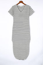 Gestreepte V-Hals Maxi Jurk met Split - Maxi Dresses - Jurkjes.co