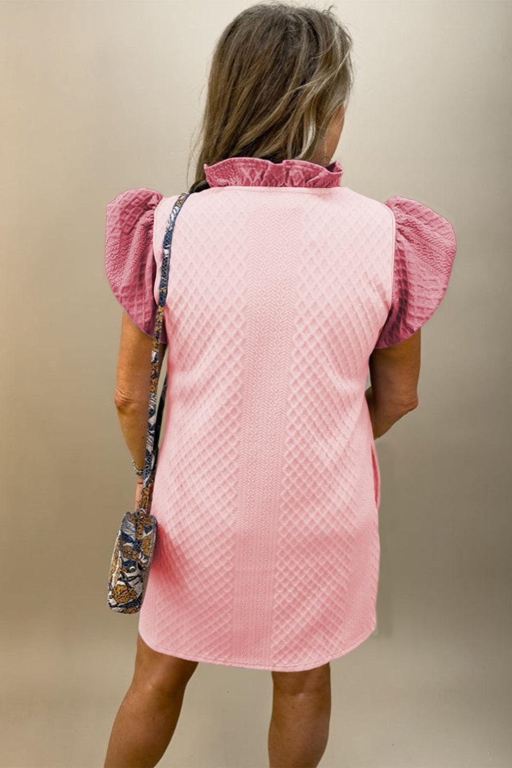 Gestructureerde Shift Jurk met Pofmouwen - Mini Dresses - Jurkjes.co