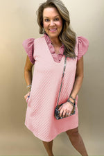 Gestructureerde Shift Jurk met Pofmouwen - Mini Dresses - Jurkjes.co