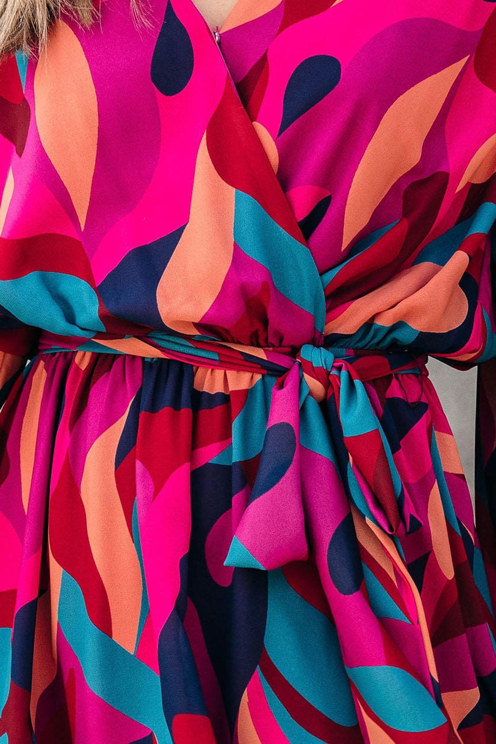 Kleurrijke Mini-Jurk met Riem en Pofmouwen - Mini Dresses - Jurkjes.co