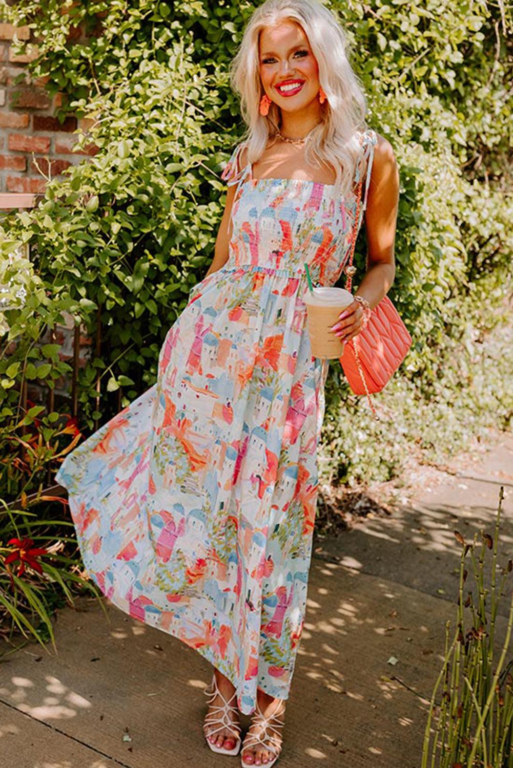 Kleurrijke Smocked Lange Zomerjurk - Maxi Dresses - Jurkjes.co