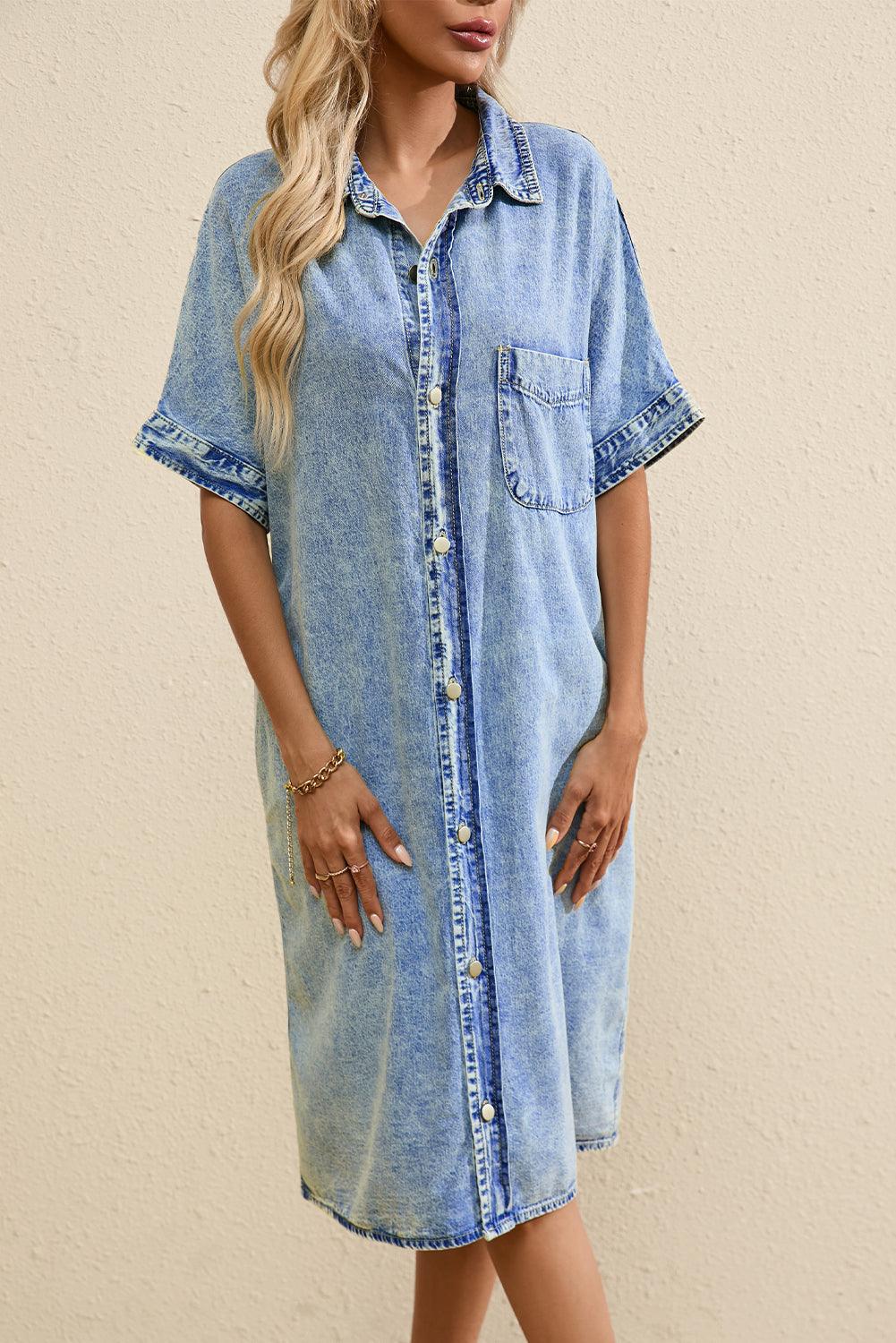 Losvallende Chambray Overhemdjurk met Korte Mouwen - Midi Dresses - Jurkjes.co