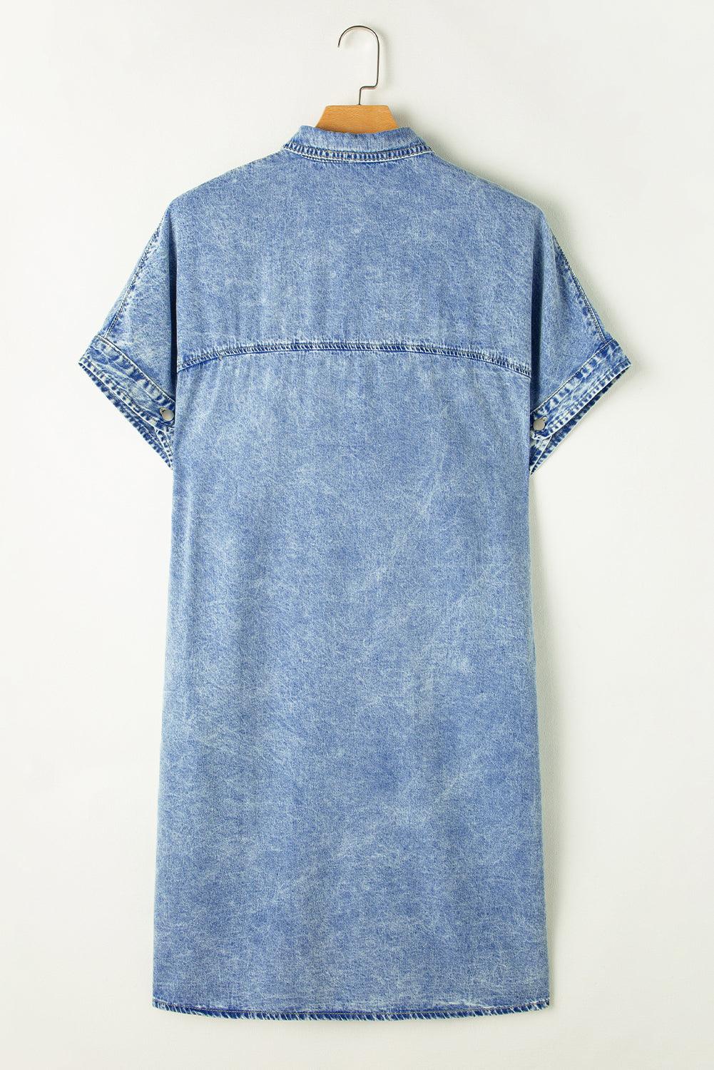 Losvallende Chambray Overhemdjurk met Korte Mouwen - Midi Dresses - Jurkjes.co