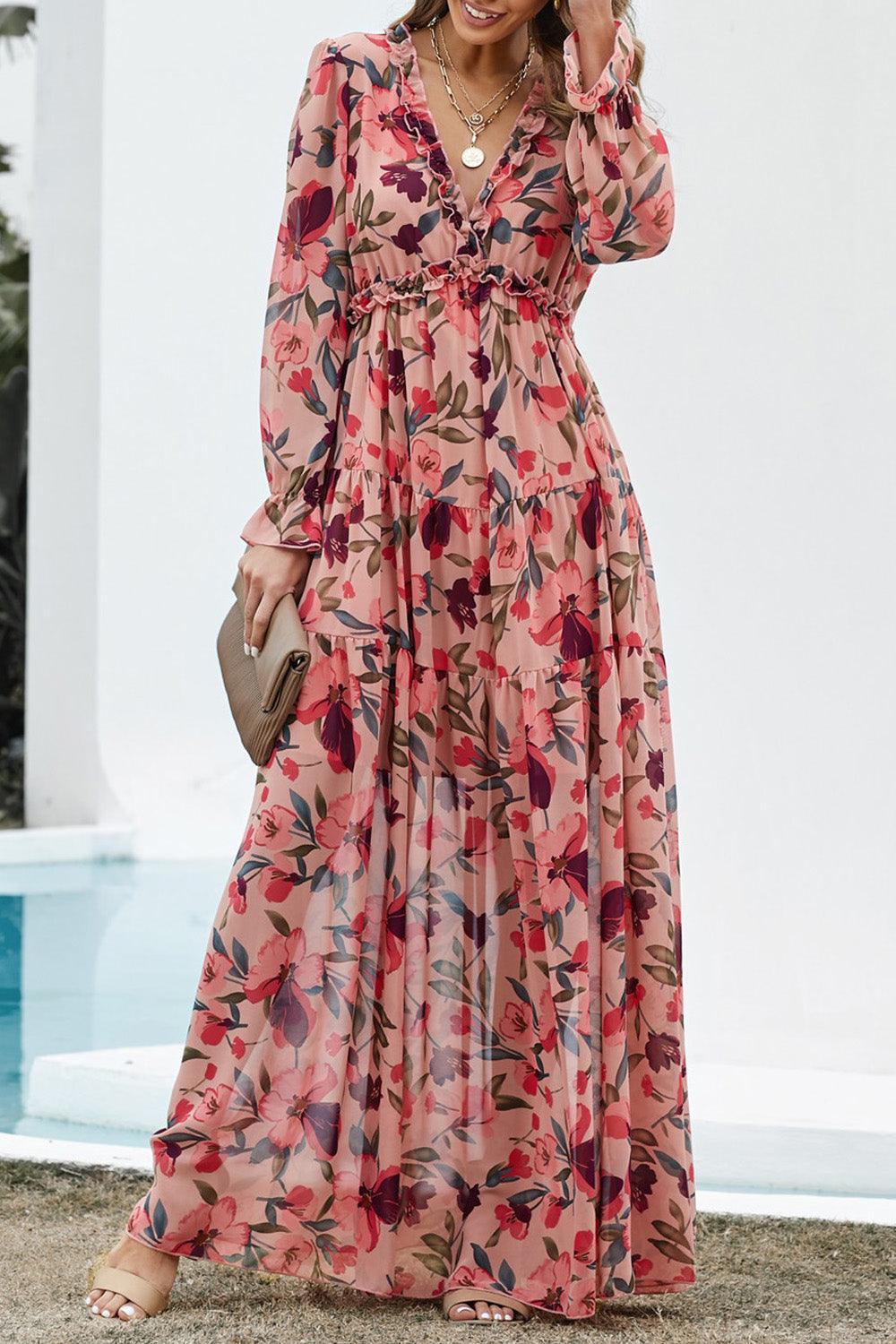Lotus Gelaagde Maxi Jurk met Ruches - Floral Dresses - Jurkjes.co
