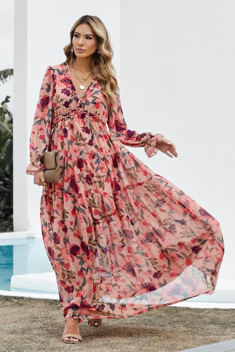 Lotus Gelaagde Maxi Jurk met Ruches - Floral Dresses - Jurkjes.co