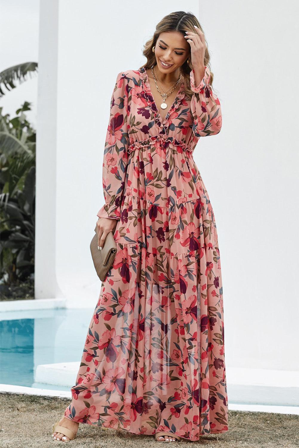 Lotus Gelaagde Maxi Jurk met Ruches - Floral Dresses - Jurkjes.co
