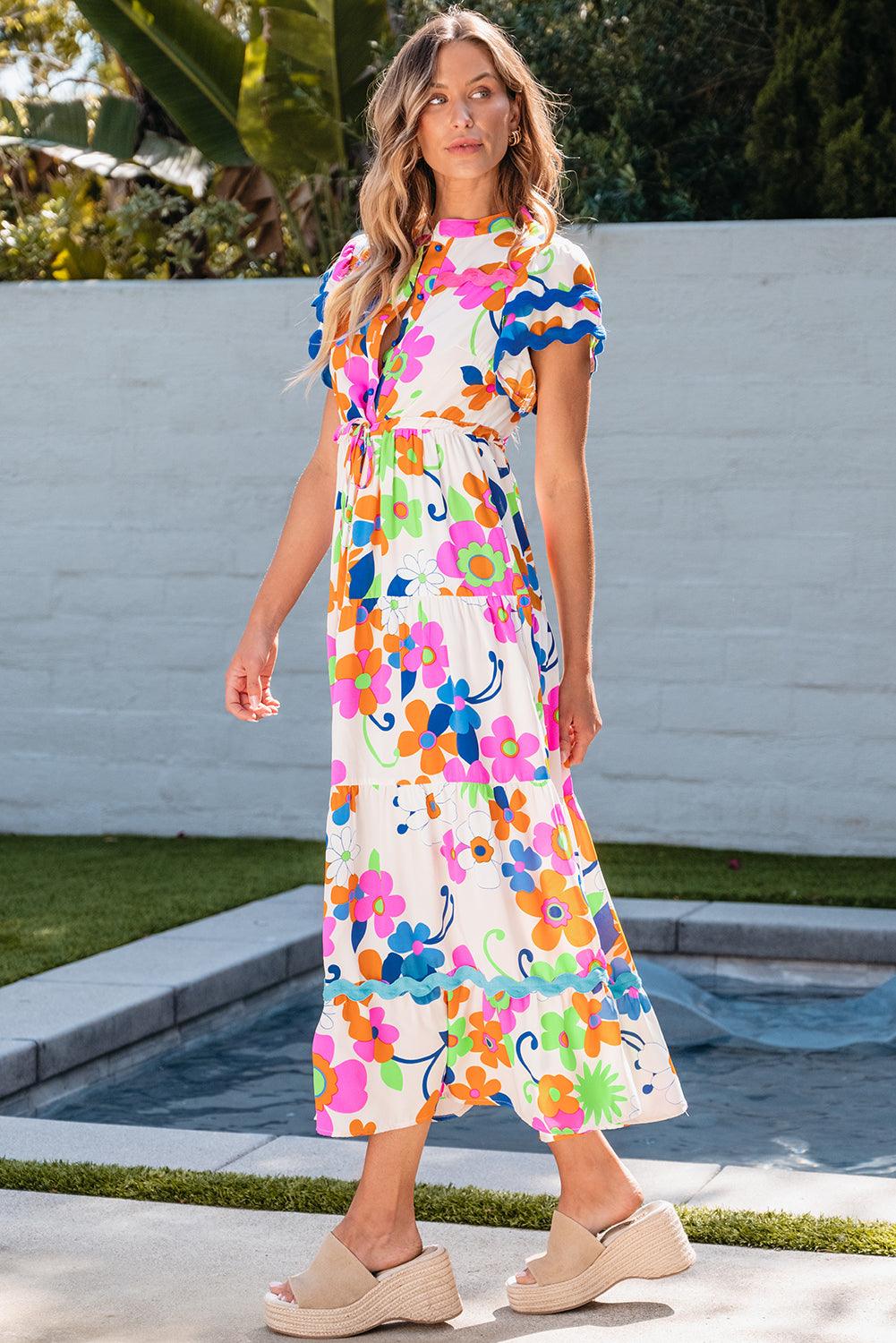 Maxi Jurk met Ricrac Trim en Bloemenprint - Maxi Dresses - Jurkjes.co