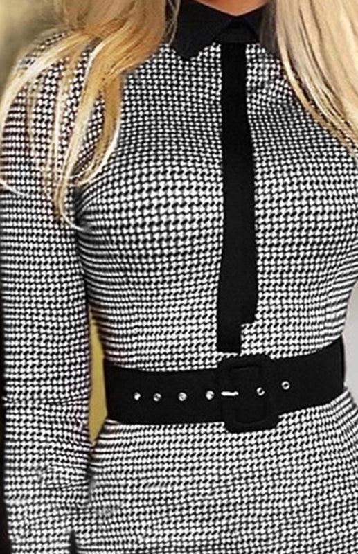 Midi Jurk met Hoge Hals en Houndstooth - Maxi Dresses - Jurkjes.co