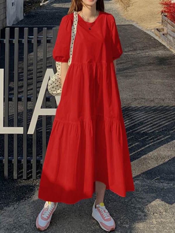 Midi Jurk met Ronde Hals en Effen Kleur - Maxi Dresses - Jurkjes.co