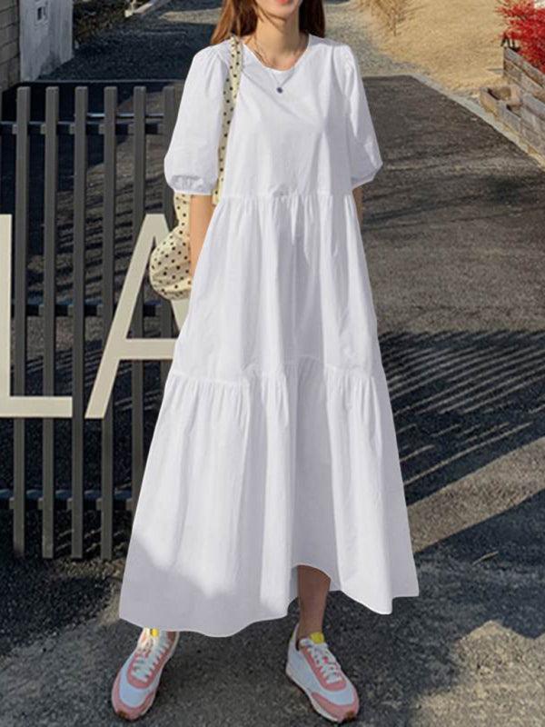 Midi Jurk met Ronde Hals en Effen Kleur - Maxi Dresses - Jurkjes.co