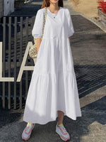Midi Jurk met Ronde Hals en Effen Kleur - Maxi Dresses - Jurkjes.co