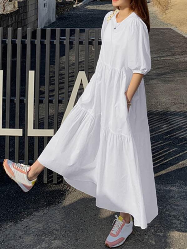 Midi Jurk met Ronde Hals en Effen Kleur - Maxi Dresses - Jurkjes.co