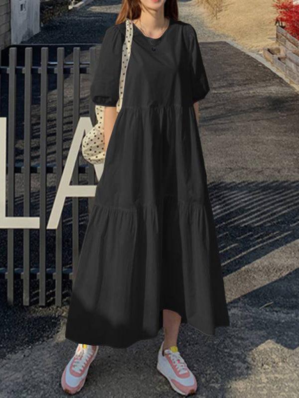 Midi Jurk met Ronde Hals en Effen Kleur - Maxi Dresses - Jurkjes.co