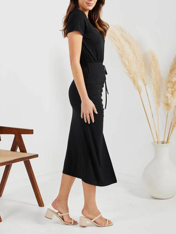 Midi Jurk met V-hals en Rimpelkoord - Midi Dresses - Jurkjes.co