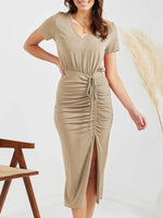 Midi Jurk met V-hals en Rimpelkoord - Midi Dresses - Jurkjes.co