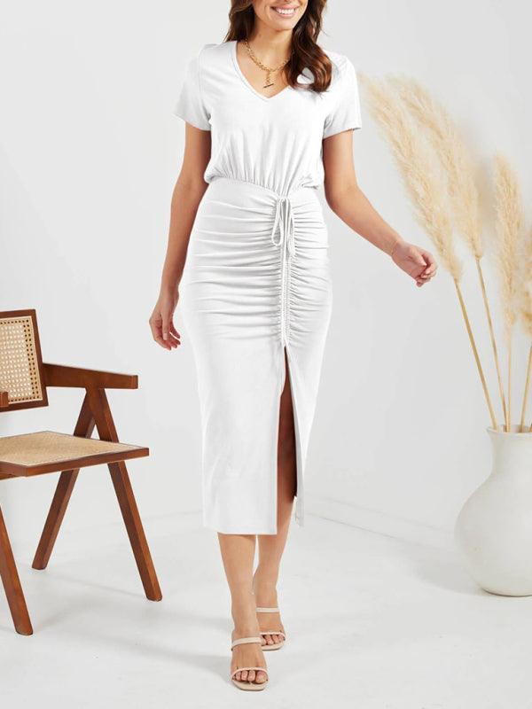 Midi Jurk met V-hals en Rimpelkoord - Midi Dresses - Jurkjes.co