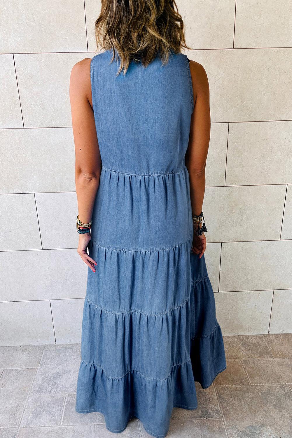 Mouwloze Chambray Maxi Jurk met Lagen - Maxi Dresses - Jurkjes.co