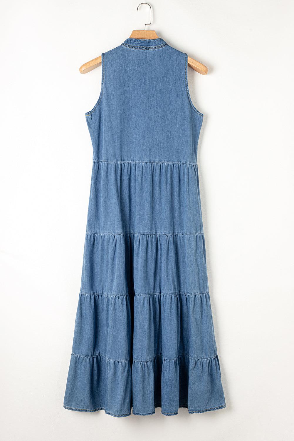 Mouwloze Chambray Maxi Jurk met Lagen - Maxi Dresses - Jurkjes.co