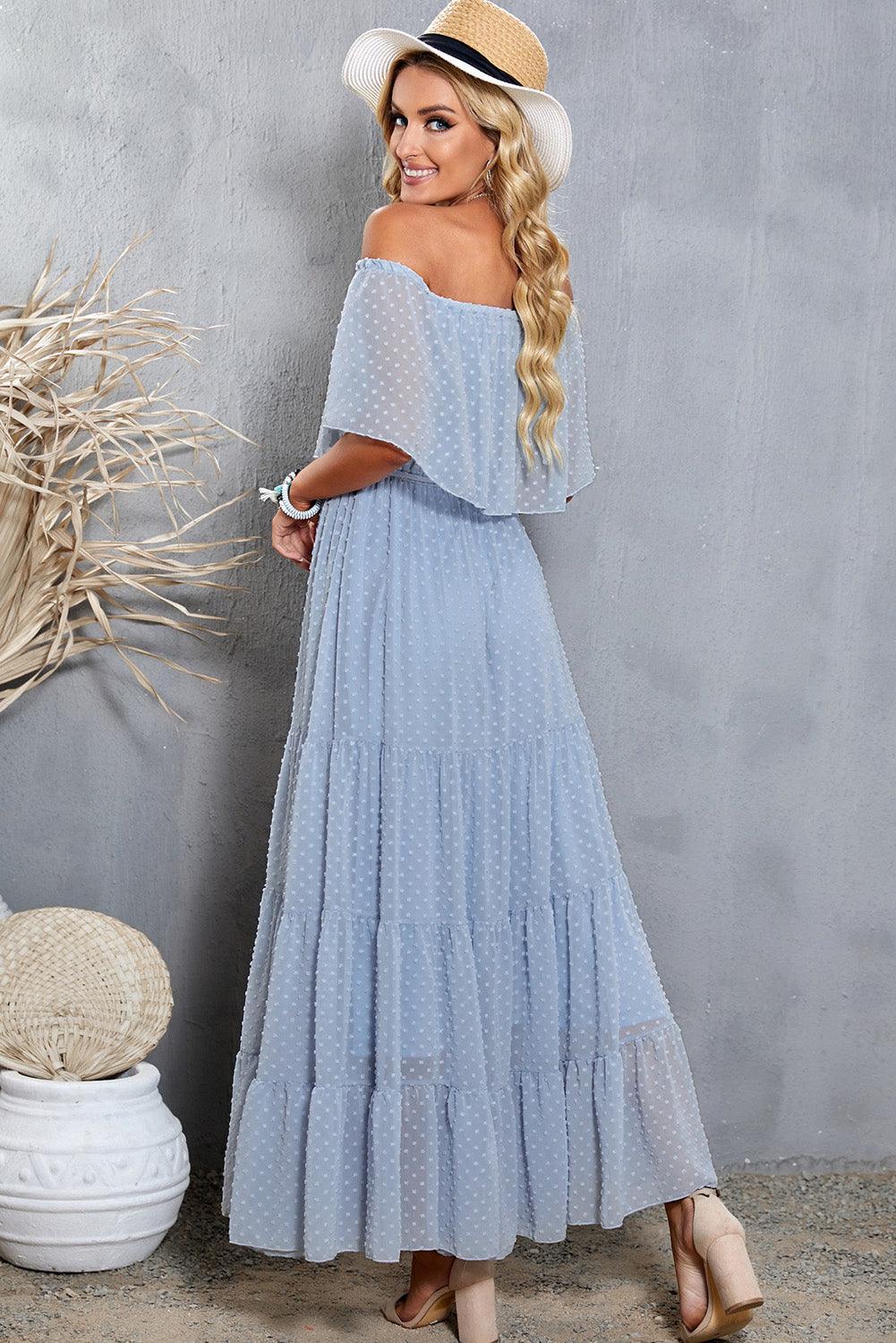 Off-Shoulder Maxi Jurk met Zwitserse Stippen - Maxi Dresses - Jurkjes.co