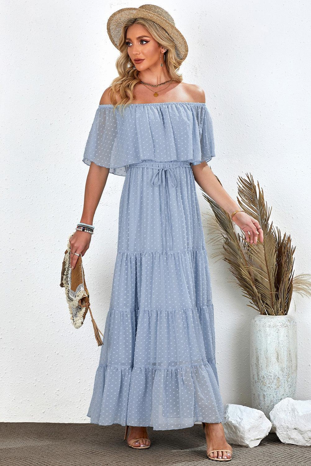 Off-Shoulder Maxi Jurk met Zwitserse Stippen - Maxi Dresses - Jurkjes.co