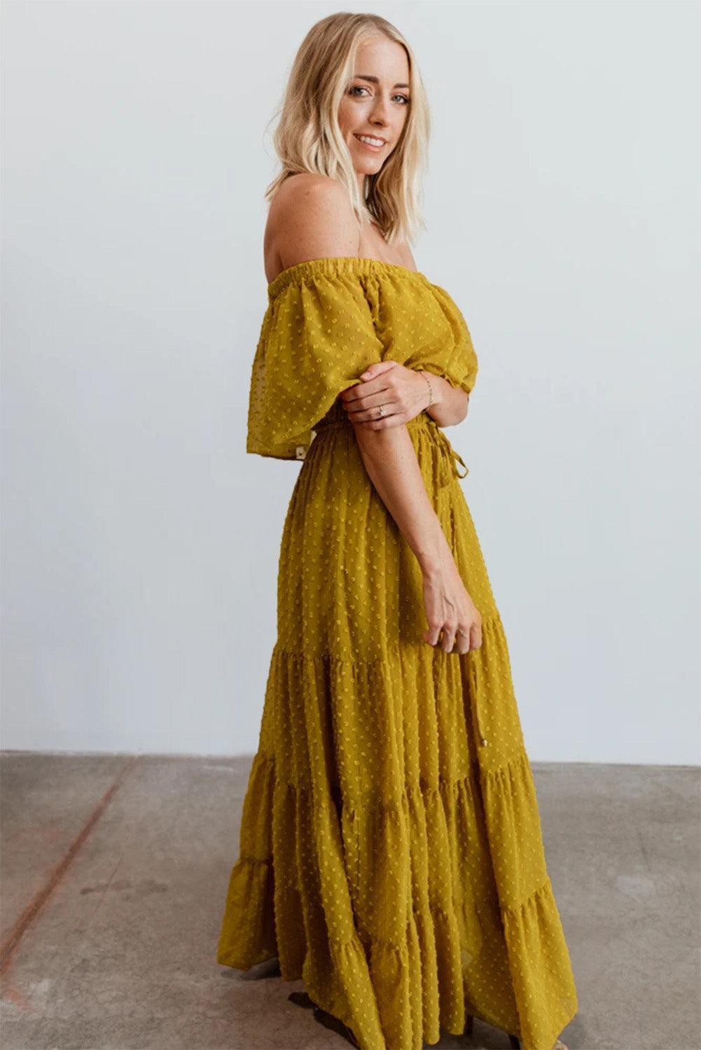 Off-Shoulder Maxi Jurk met Zwitserse Stippen - Maxi Dresses - Jurkjes.co