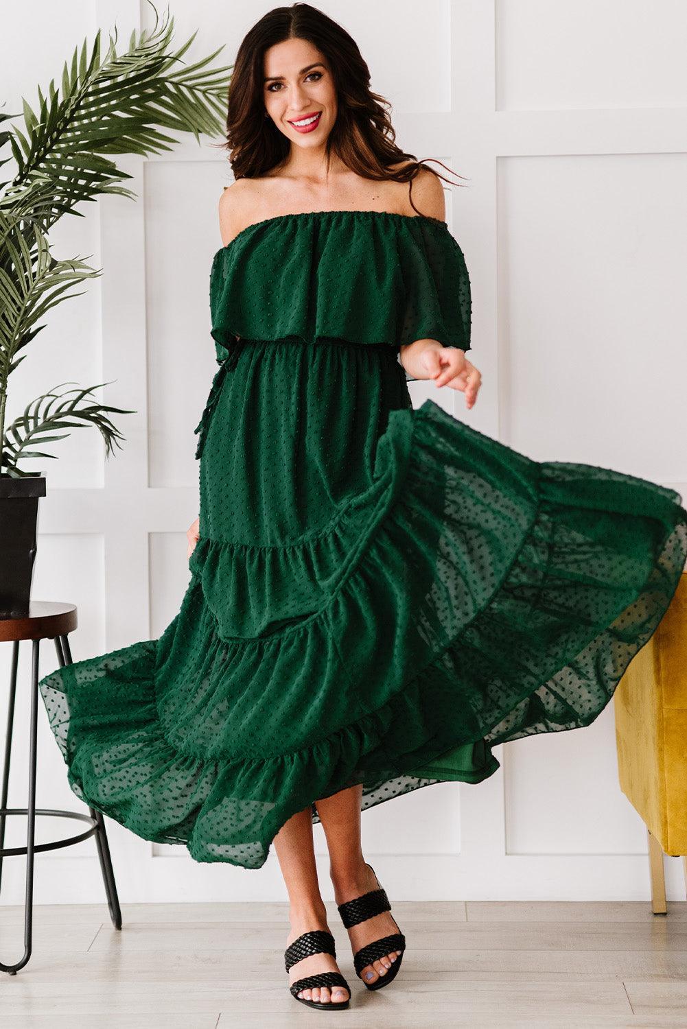 Off-Shoulder Maxi Jurk met Zwitserse Stippen - Maxi Dresses - Jurkjes.co