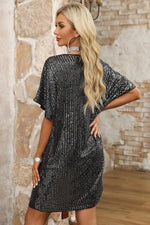 Pailletten V-Hals Jurk met Dolman Mouwen - Sequin Dresses - Jurkjes.co