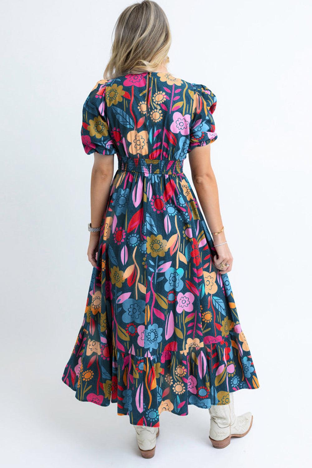 Retro Bloemenprint Maxi-Jurk met Halsopening - Maxi Dresses - Jurkjes.co