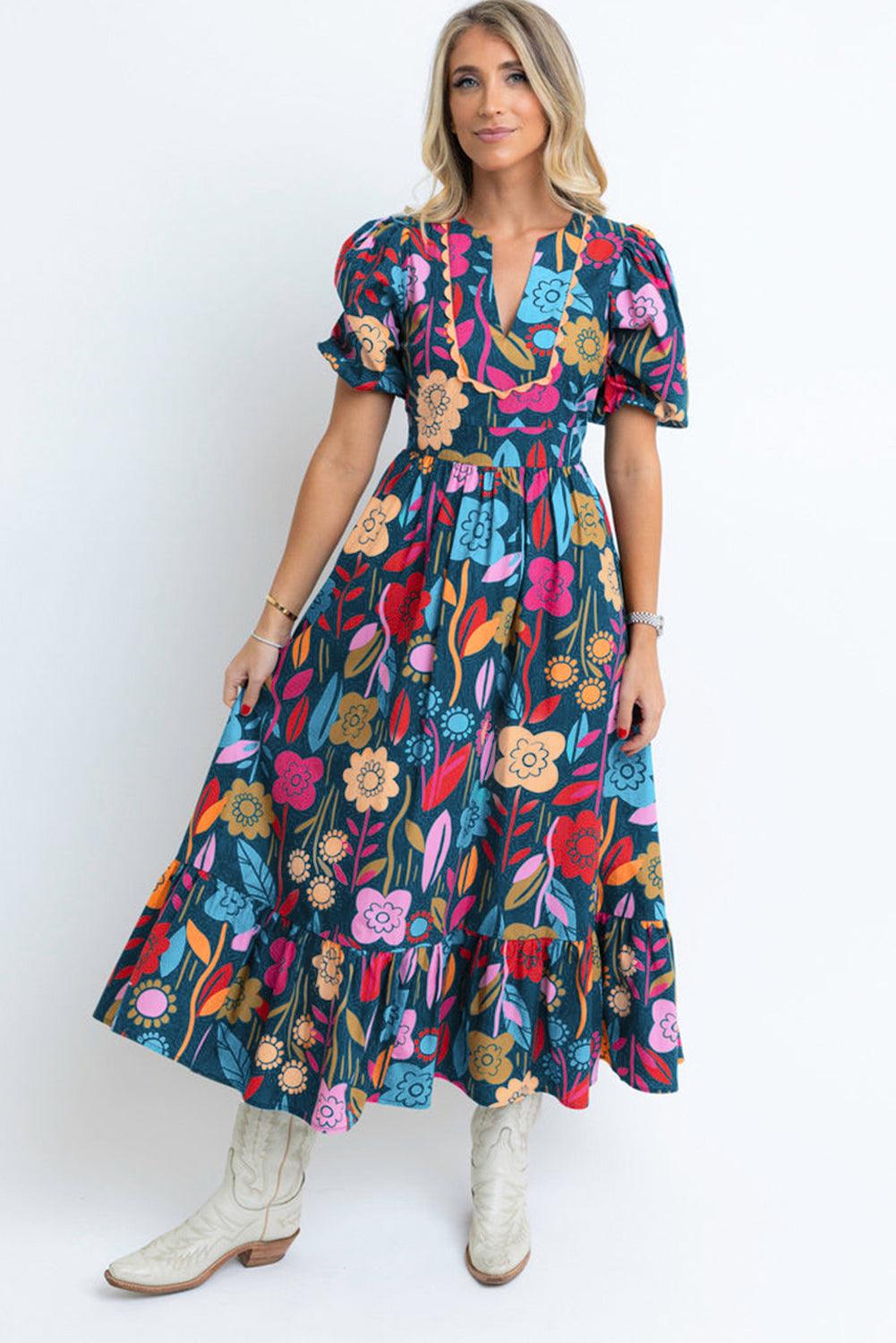 Retro Bloemenprint Maxi-Jurk met Halsopening - Maxi Dresses - Jurkjes.co