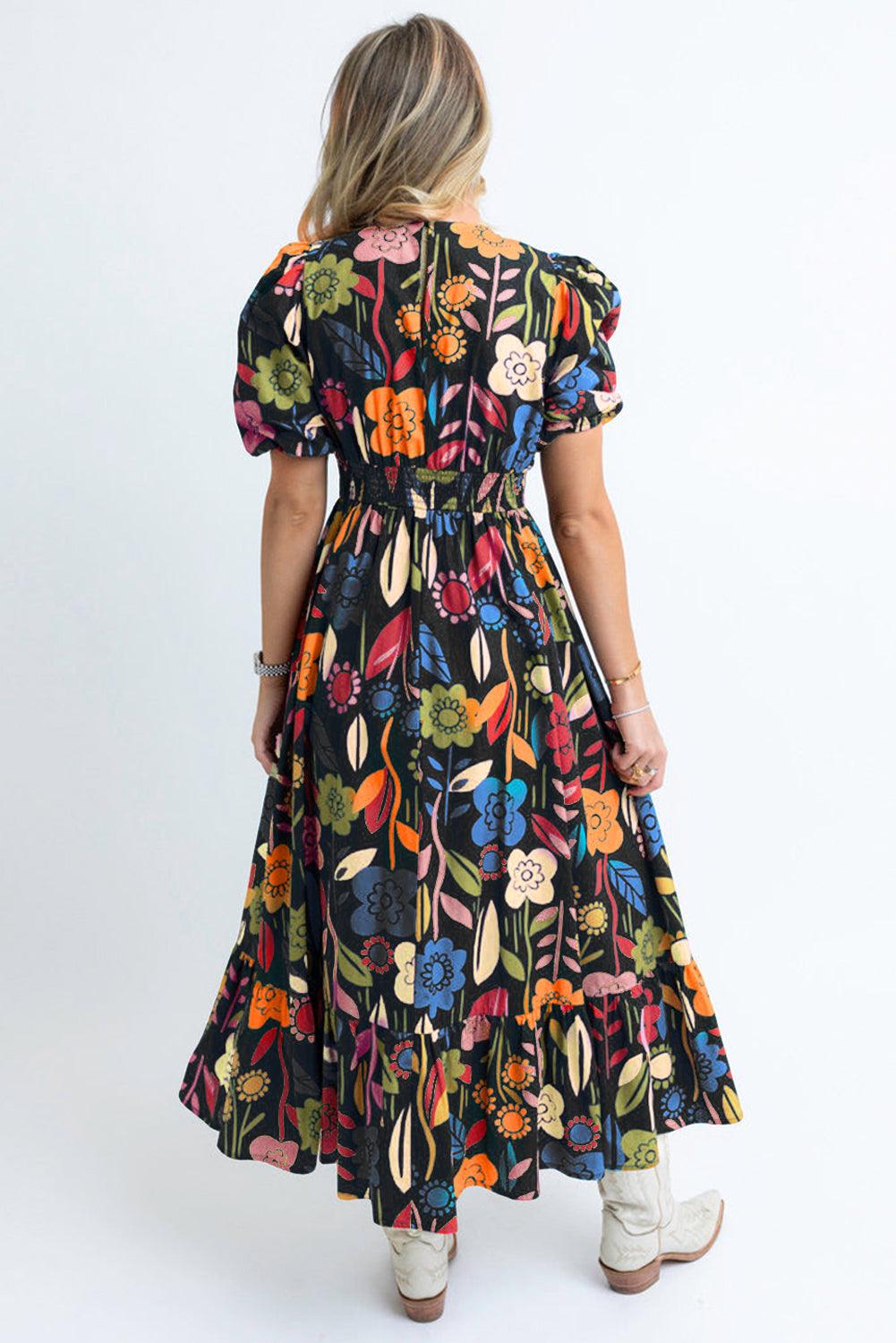 Retro Bloemenprint Maxi-Jurk met Split Hals - Maxi Dresses - Jurkjes.co