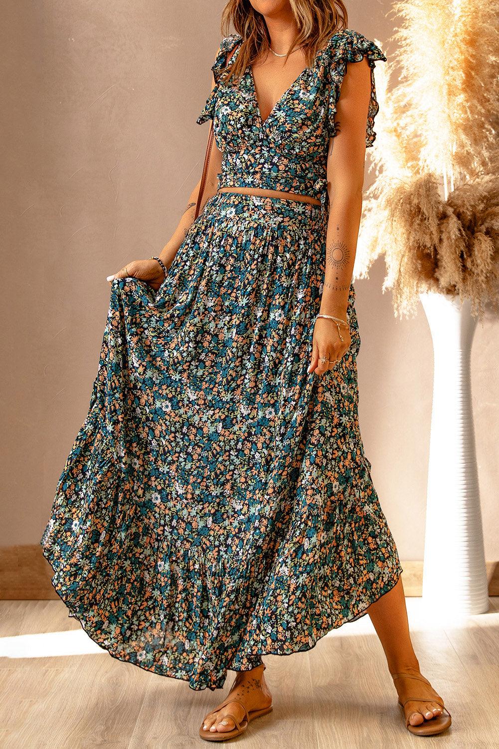 Ruffle Crop Top en Maxi Rok Set met Bloemenprint - Two Piece Dresses - Jurkjes.co