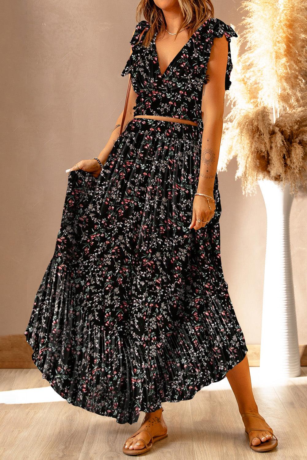 Ruffle Crop Top en Maxi Rok Set met Bloemenprint - Two Piece Dresses - Jurkjes.co