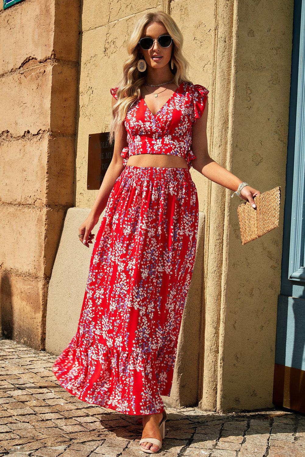 Ruffle Crop Top en Maxi Rok Set met Bloemenprint - Two Piece Dresses - Jurkjes.co