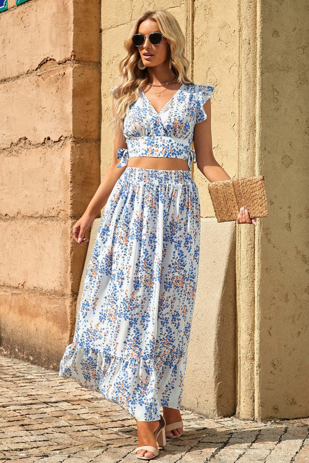 Ruffle Crop Top en Maxi Rok Set met Bloemenprint - Two Piece Dresses - Jurkjes.co