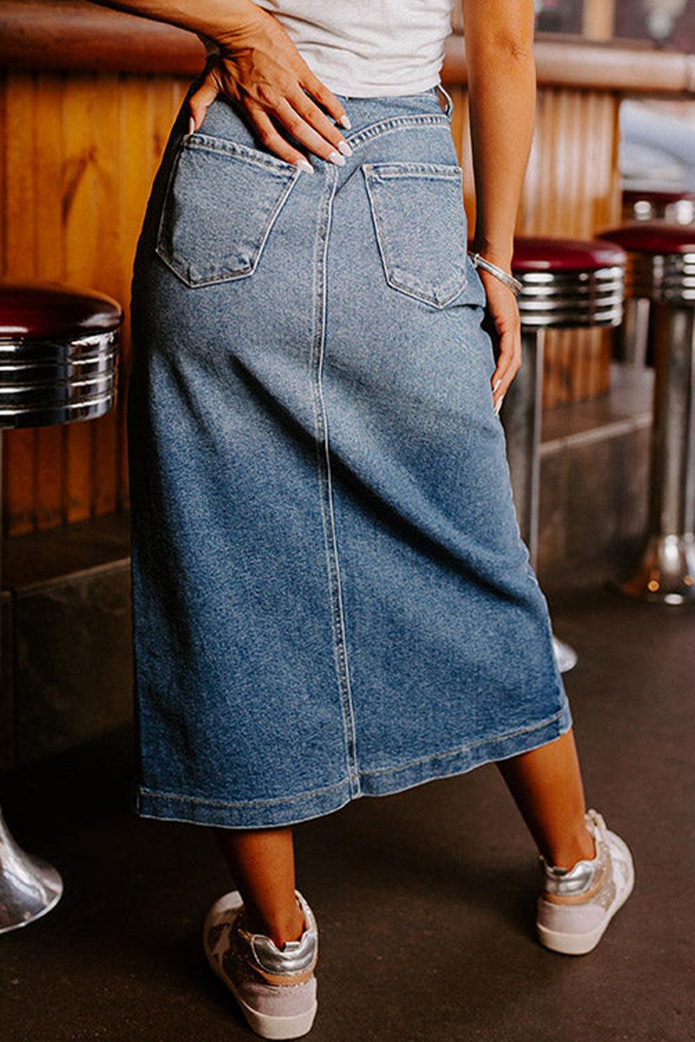 Split Midi Denim Rok met Vier Zakken - Skirts & Petticoat - Jurkjes.co
