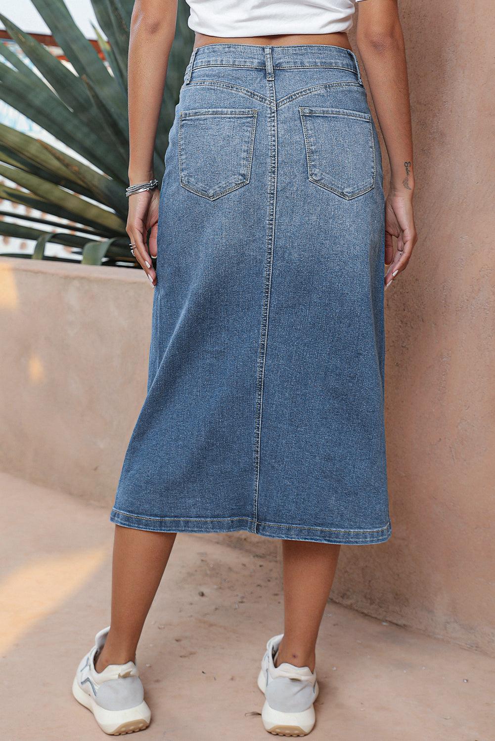 Split Midi Denim Rok met Vier Zakken - Skirts & Petticoat - Jurkjes.co