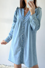 Stijlvolle Ruffled Denim Jurk met V-Hals - Mini Dresses - Jurkjes.co