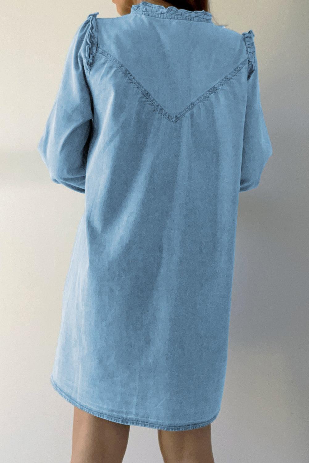 Stijlvolle Ruffled Denim Jurk met V-Hals - Mini Dresses - Jurkjes.co