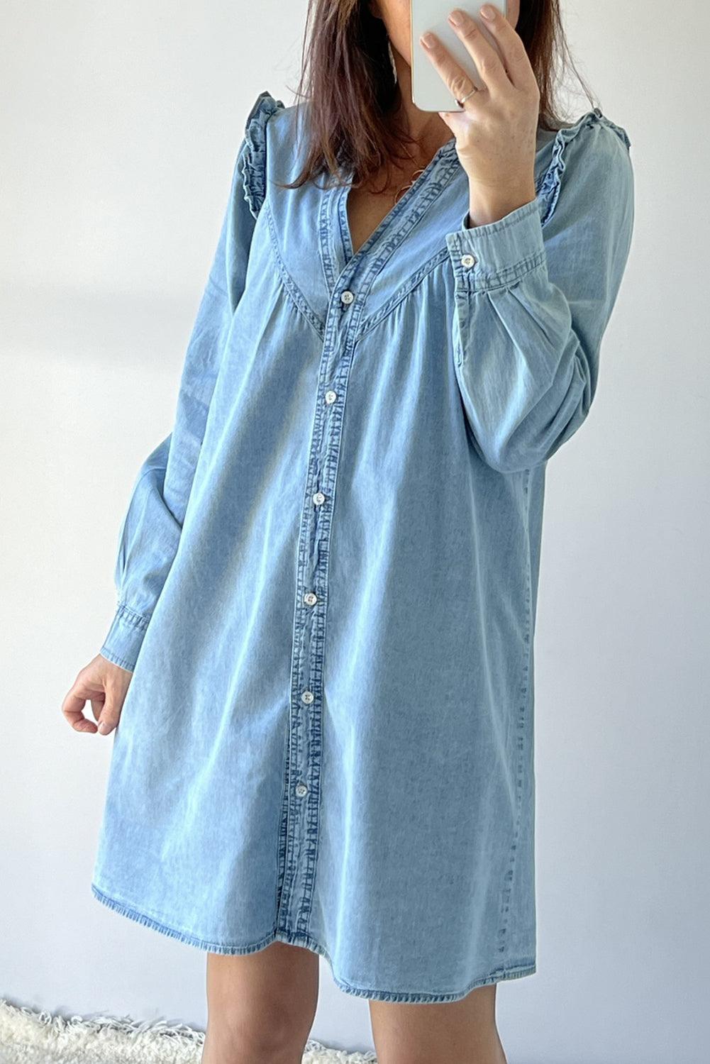 Stijlvolle Ruffled Denim Jurk met V-Hals - Mini Dresses - Jurkjes.co