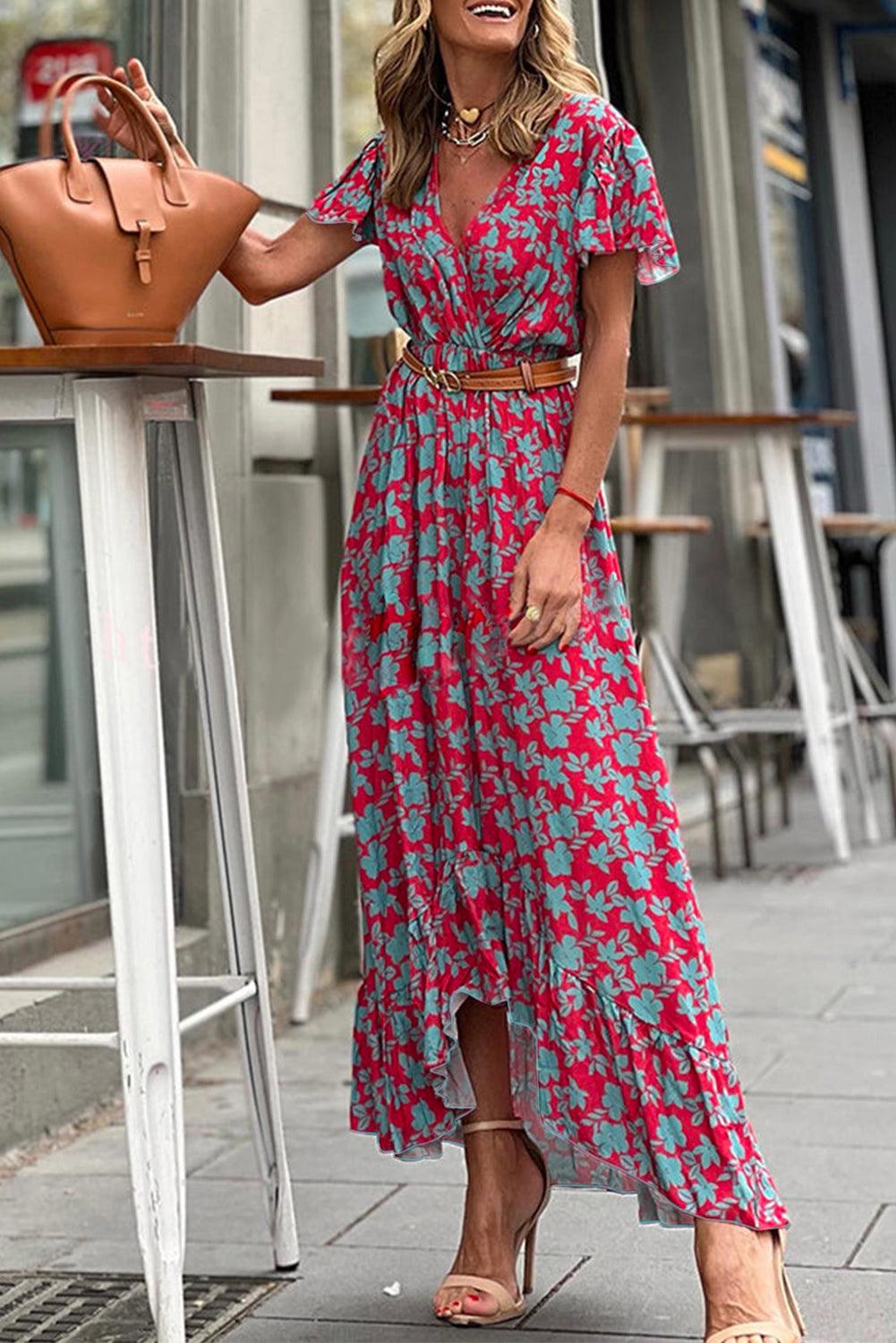 V-hals Maxi Jurk met Bloemen en Ruches - Floral Dresses - Jurkjes.co