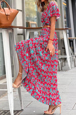 V-hals Maxi Jurk met Bloemen en Ruches - Floral Dresses - Jurkjes.co