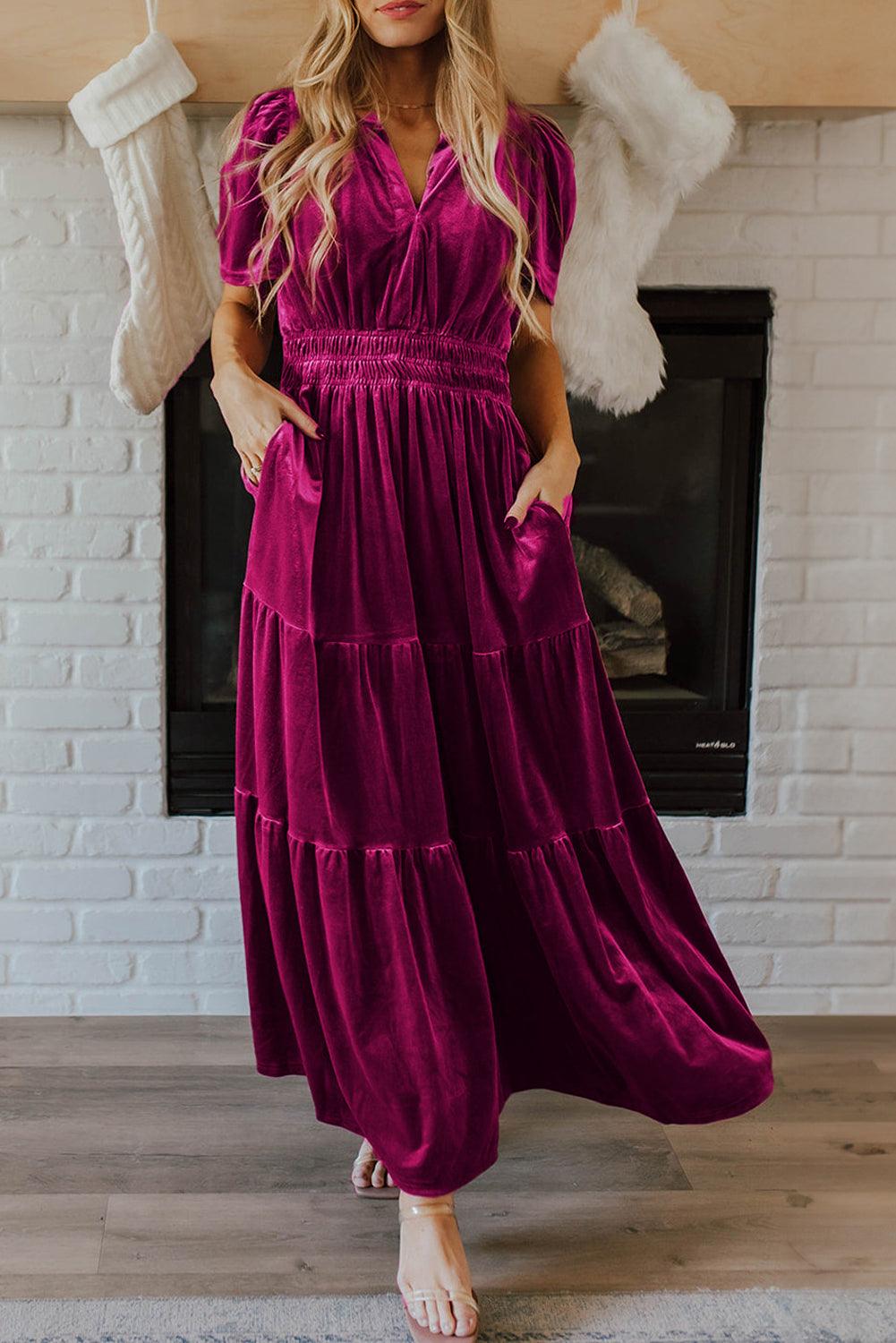 Velvet Maxi Jurk met Korte Mouwen en Gelaagde Rok - Maxi Dresses - Jurkjes.co